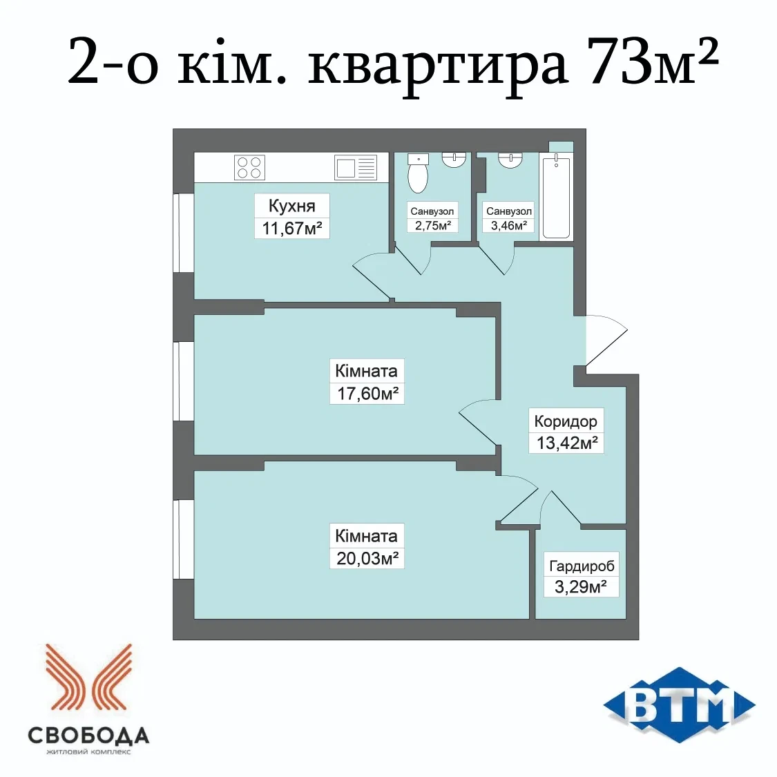2-кімнатна квартира у ЖК Свобода: здана секція, єОселя - фото 1