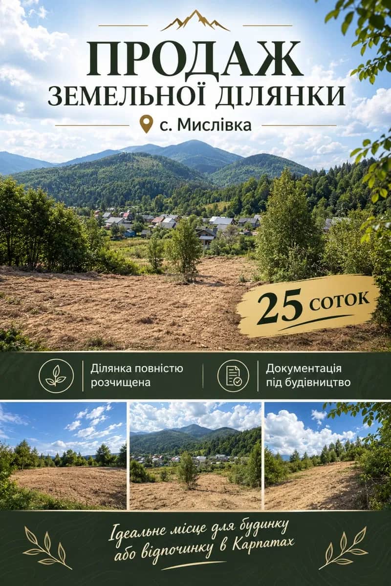 Ділянка 23.7 соток, Мислівка: під будівництво, ліс і гори - фото 1