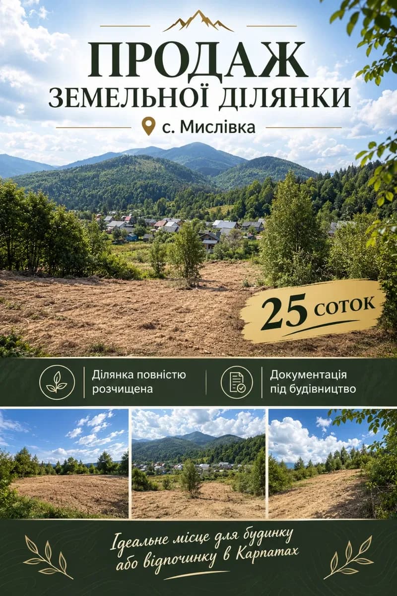 Ділянка 23.7 соток, Мислівка: під будівництво, ліс і гори